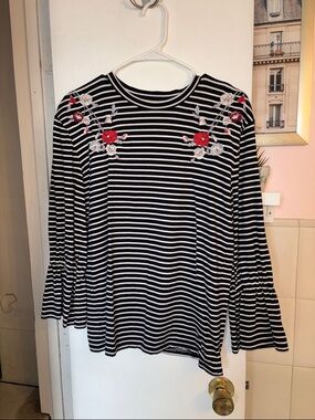 LOFT Black & White Striped Long Sleeve Top with Red Floral Embroidery